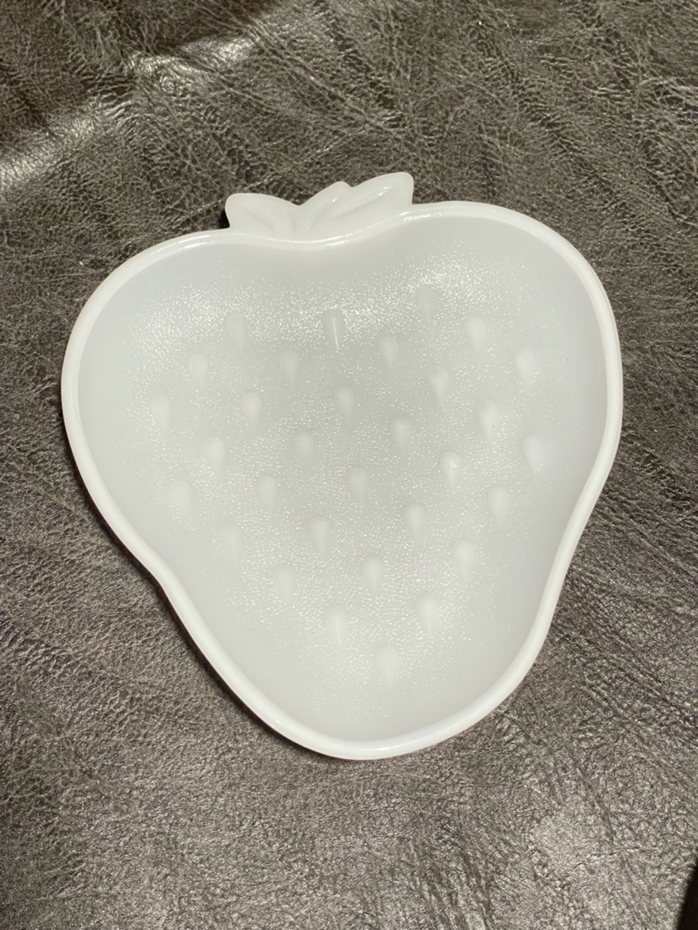 vintage Hazel-Atlas milk glass strawberry candy dish, produced in the 1950s.